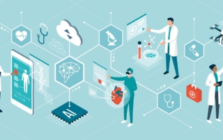 Illustration of ai integration in healthcare with professionals and technology