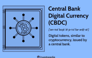 Graphic illustrating central bank digital currency (cbdc) with a stylized vault door design.