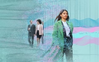 Dynamic professional woman walking through a tech-inspired landscape with colleagues