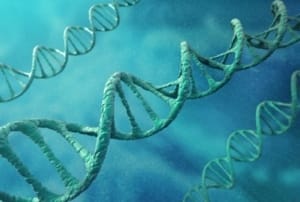 Digital illustration of 3d dna strands in an abstract blue background