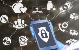 A blue-gloved hand holds a smartphone displaying a security shield icon, amidst interconnected health icons symbolizing data protection.