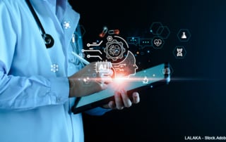 Image of a healthcare professional in a white coat using a digital tablet, surrounded by medical and technological icons representing ai's role in healthcare.