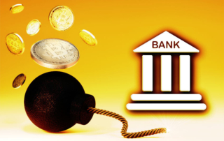 Depiction of cryptocurrency's explosive impact on the banking sector, showing a bomb with bitcoin coins and a bank building.