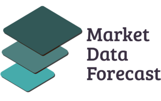 Logo design of market data forecast with overlapping teal quadrilaterals and text