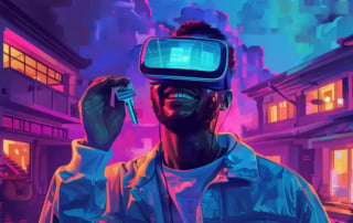 A person wearing a virtual reality headset holds a key against a vibrant, futuristic cityscape.