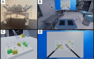 Image of a virtual reality simulator used in laparoscopic training, showing both physical and virtual components.