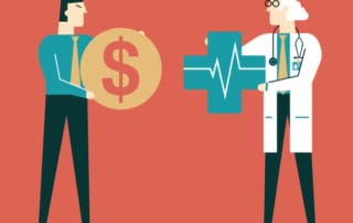 Stylized depiction of financial and healthcare professionals exchanging symbols of money and healthcare on a coral background