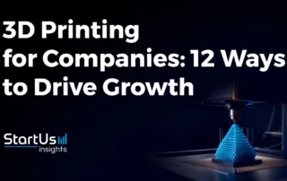 Unveiling The Impact Of 3D Printing On Business Growth 6 Promotional banner for the article "12 key impacts of 3d printing for companies" by startus insights, featuring a 3d printer and bold text.