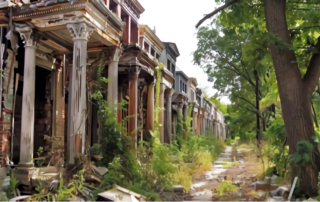 An image depicting a row of abandoned and neglected houses overtaken by nature.