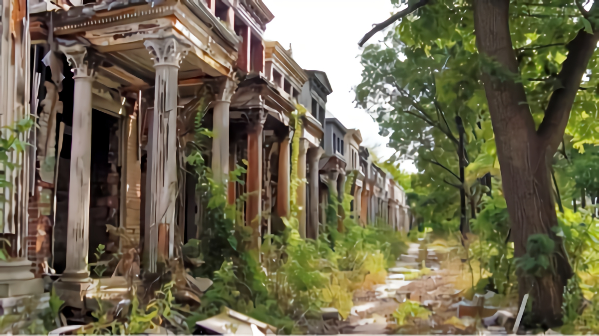 An image depicting a row of abandoned and neglected houses overtaken by nature.