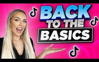 Person with long blonde hair smiling against a vibrant pink background with music notes and "back to the basics" text