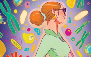 Abstract illustration of a person with auburn hair, glasses, and colorful genetic motifs in the background