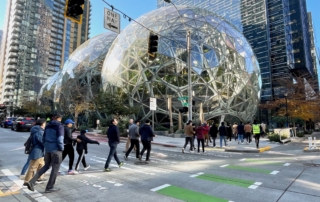 Street scene in downtown seattle with pedestrians and amazon spheres