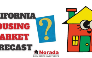 Digital graphic illustrating the forecast of california's housing market with symbolic imagery of uncertainty.