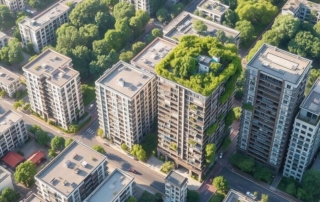 Aerial view of a sustainable city with vertical garden architecture