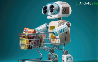 A playful robot with large eyes and a shopping cart, symbolizing tech-driven retail advancements.