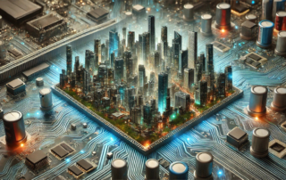 An artistic depiction of a futuristic city intertwined with technology, representing cyberspace and urban connectivity