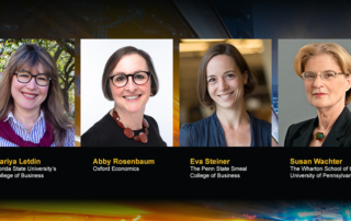 Professional portraits of four economists, mariya letdin, abby rosenbaum, eva steiner, and susan wachter, each with a distinct background and attire.