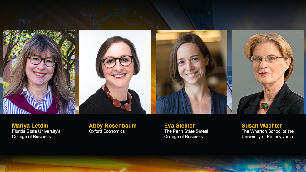 Professional portraits of four economists, Mariya Letdin, Abby Rosenbaum, Eva Steiner, and Susan Wachter, each with a distinct background and attire.