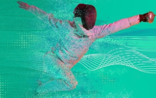 Fencer lunging forward against a teal background