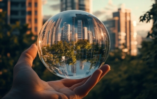 A hand holding a glass sphere reflecting a cityscape.