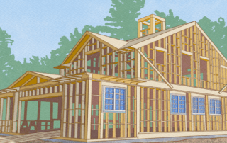 Artistic depiction of a two-story house under construction with wooden framework and background trees.