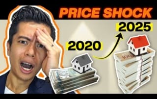 A person shocked by rising housing prices, with two stacks of money marked 2020 and 2025, indicating a price increase.