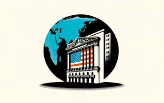 Stylized depiction of a stock exchange building with american flag and global map focusing on india