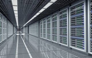 Modern data center interior with server racks and indicator lights