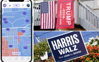 Smartphone map interface displaying real estate pricing and political affiliations