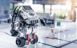 A tabletop robotic device with a digital interface overlay, featuring ai and data processing symbols