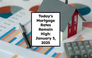 Image showing financial elements, including charts, graphs, a house model, and a calculator, focusing on january 5, 2025, mortgage rates.