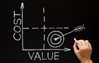 Diagram illustrating company valuations with cost versus value axes, featuring a hand with chalk hitting a target