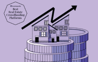 Illustration representing real estate crowdfunding with houses atop coins and growth arrow