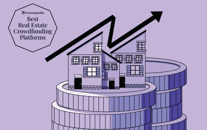 Illustration representing real estate crowdfunding with houses atop coins and growth arrow