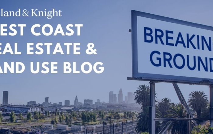 A promotional graphic for holland & knight's blog, showcasing a billboard that reads 'breaking ground' against an urban skyline backdrop.