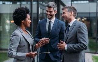 Image of three business professionals conversing in an office complex