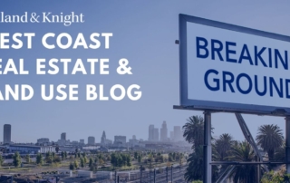 A cityscape focusing on real estate and californian themes, featuring text elements about west coast developments and a prominent real estate blog