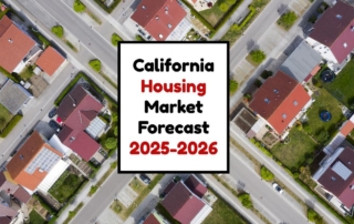 Aerial view of suburban neighborhood in california, showcasing housing layout and market predictions.