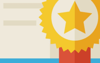 A stylized illustration showing a certificate with a gold ribbon and star on a light blue background, indicating marketing certification achievement.