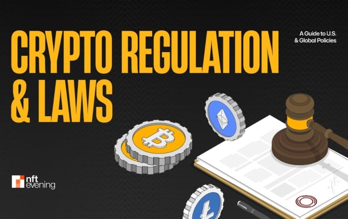 Image of cryptocurrency symbols with legal gavel and text