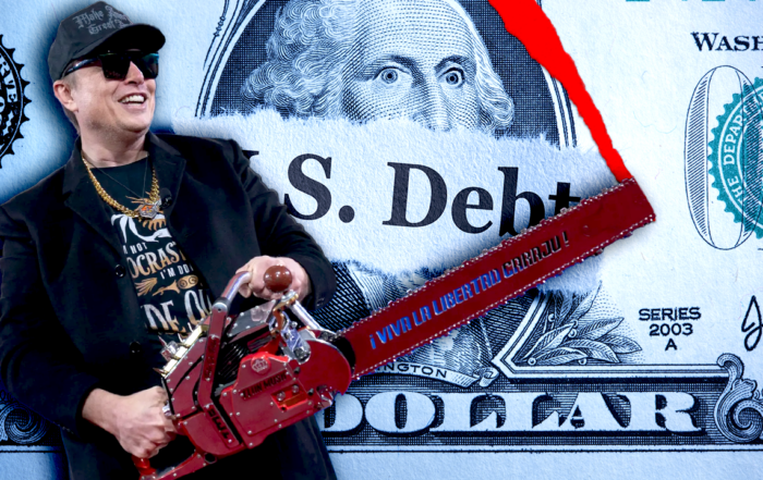 Elon musk wearing sunglasses and a cap, holding a red chainsaw labeled '¡viva la libertad, carajo! ' while cutting through a giant u. S. Dollar bill with 'u. S. Debt' torn in the center. The background features financial symbols, emphasizing economic reform and government efficiency.