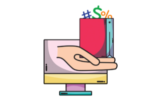 Illustration of a hand holding a financial report emerging from a computer monitor