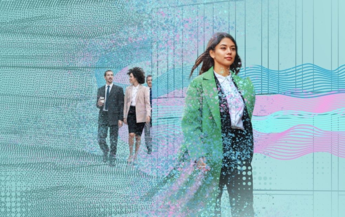 A woman in a green coat leading a group in a futuristic urban setting with digital elements.