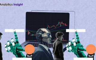 Image of a humanoid robot with gears and a candlestick chart, symbolizing ai and stock analysis.