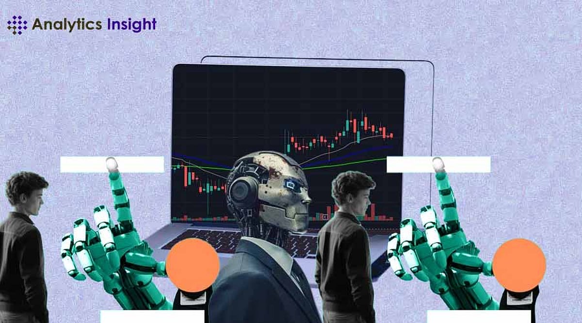 Image of a humanoid robot with gears and a candlestick chart, symbolizing AI and stock analysis.