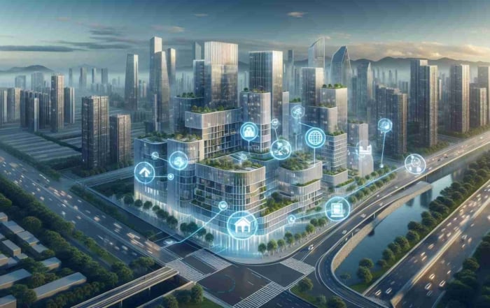 A futuristic cityscape with modern high-rises and digital holograms highlighting real estate themes.