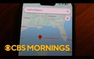 Screenshot of a smartphone gps map displaying the gulf of mexico area labeled as the 'gulf of america,' with cbs mornings logo visible
