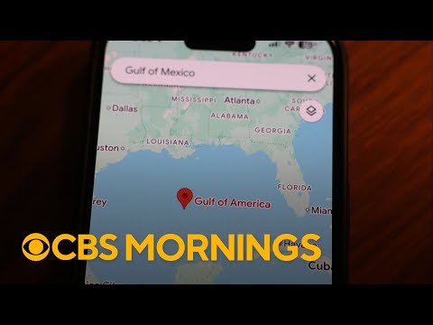 Screenshot of a smartphone gps map displaying the gulf of mexico area labeled as the 'gulf of america,' with cbs mornings logo visible