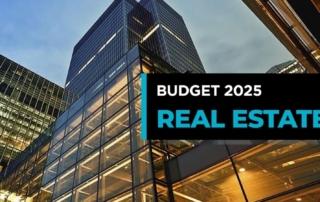 Image of a modern high-rise building with "budget 2025" graphic overlay